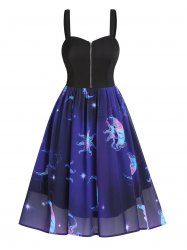 Celestial Sun Moon Chiffon Overlay Half Zipper Combo Dress -  