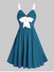 Mini Robe Ligne A Texturée à Taille Haute à Volants avec Nœud Papillon - Bleu profond M