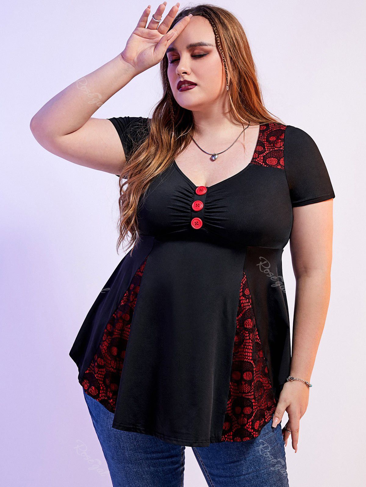 Fancy Plus Size Gothic Ruched Skull Lace Tee  