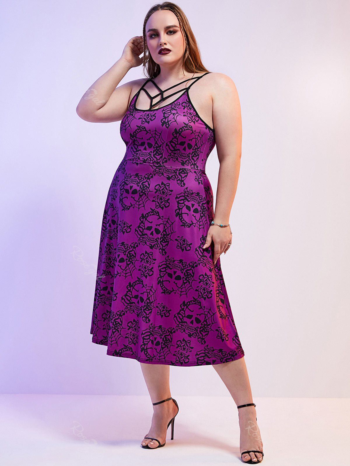 Affordable Plus Size Skull Floral Print A Line Gothic Dress  