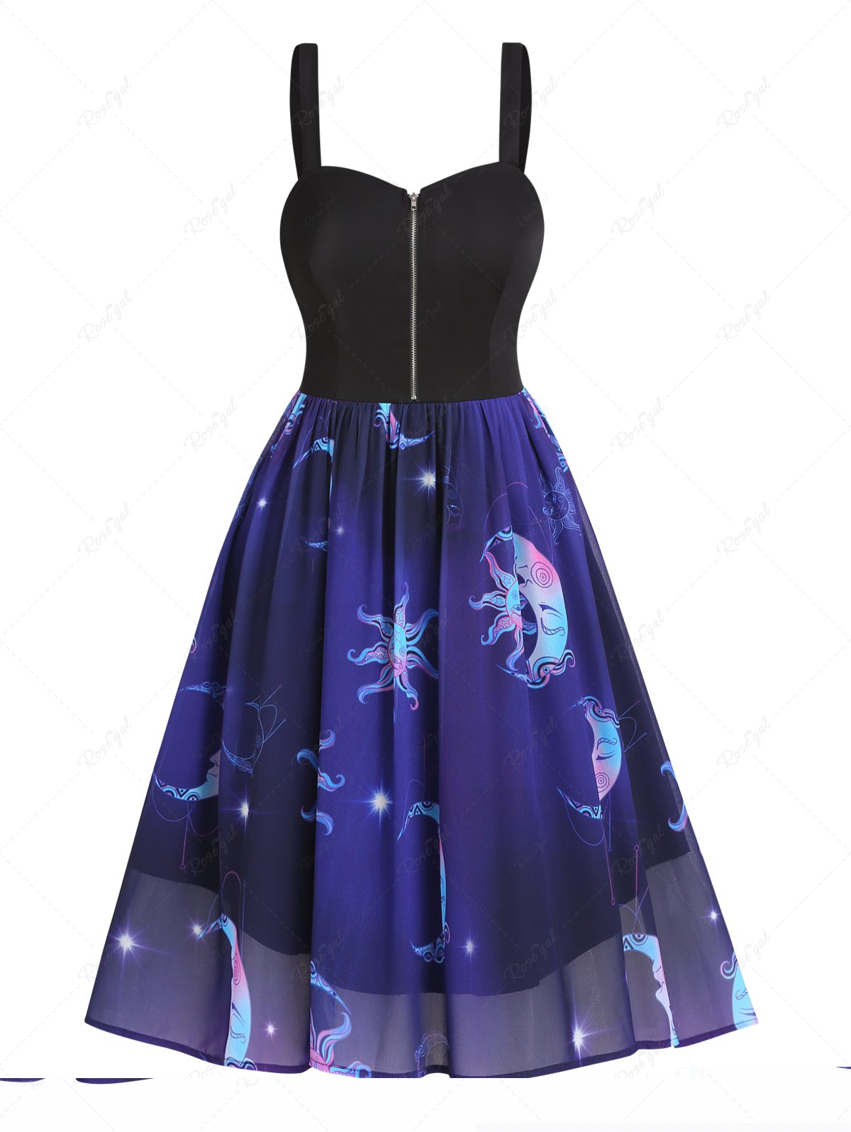 Chic Celestial Sun Moon Chiffon Overlay Half Zipper Combo Dress  