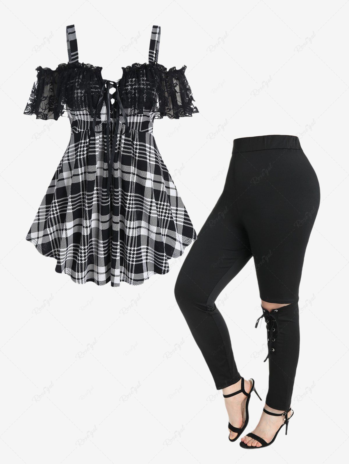 Store Lace Up Cold Shoulder Plaid Tee and Skinny Cutout Pants Gothic Outfit  