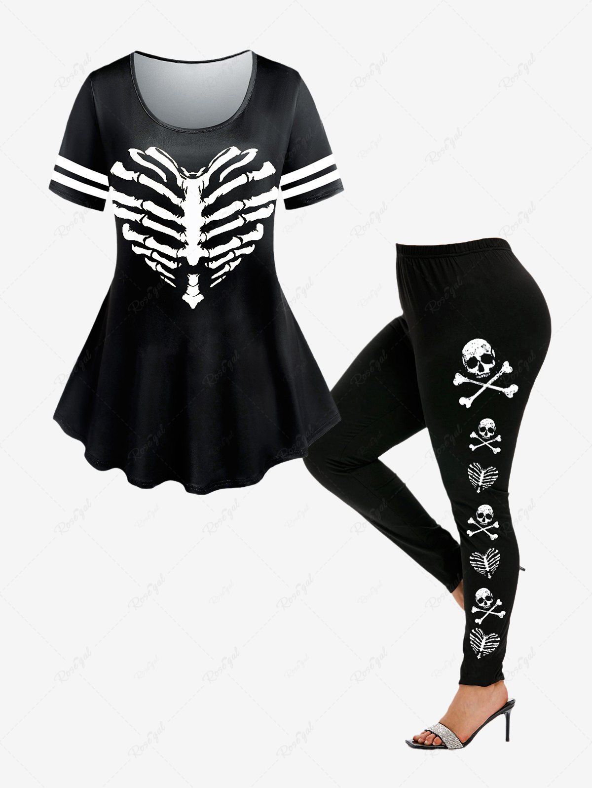 T-shirt Moulant à Imprimé Crâne et Legging Gothique Halloween Noir 