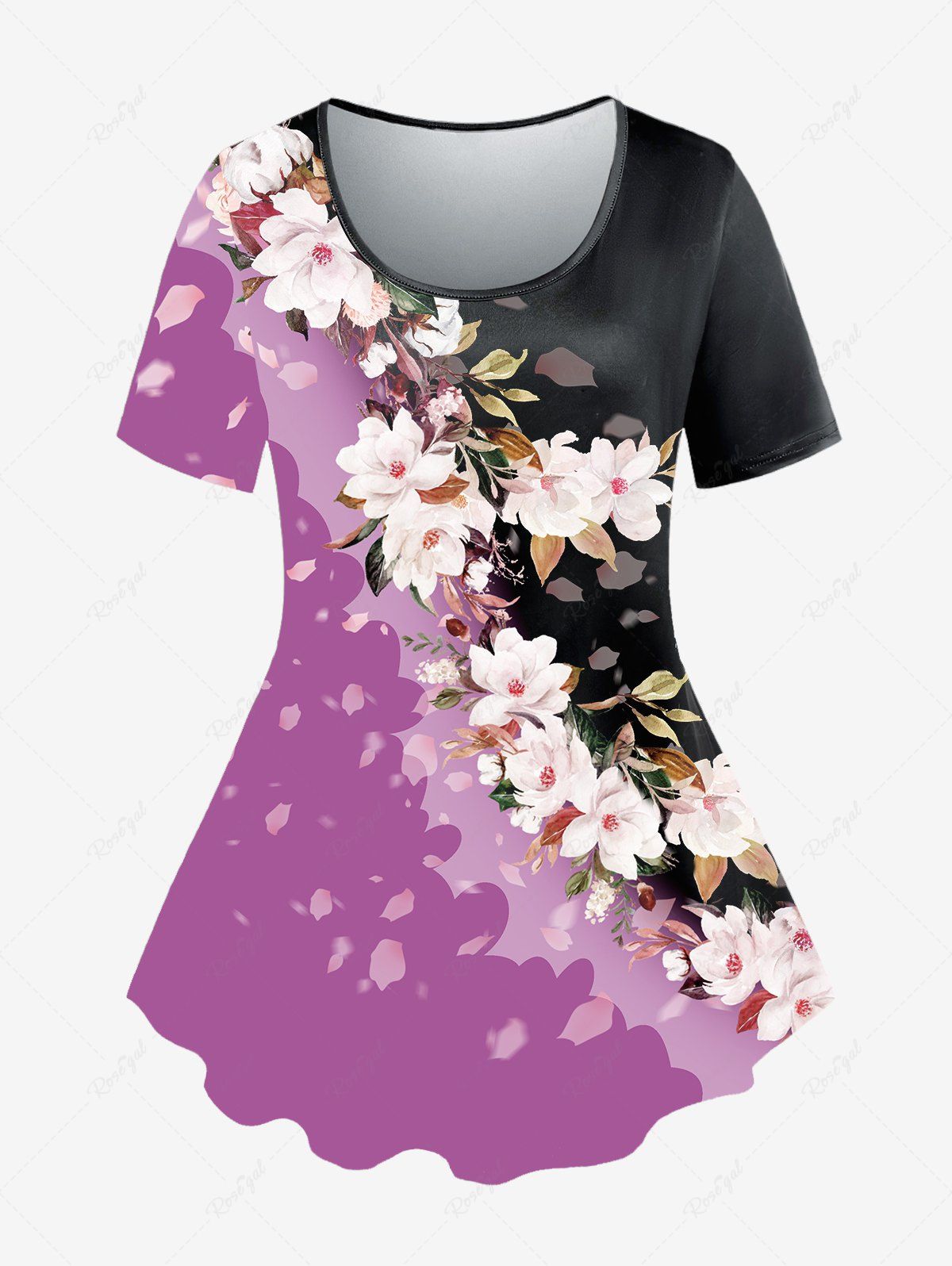 T-shirt à Imprimé Fleuri en Blocs de Couleurs de Grande Taille Violet clair 5x | US 30-32