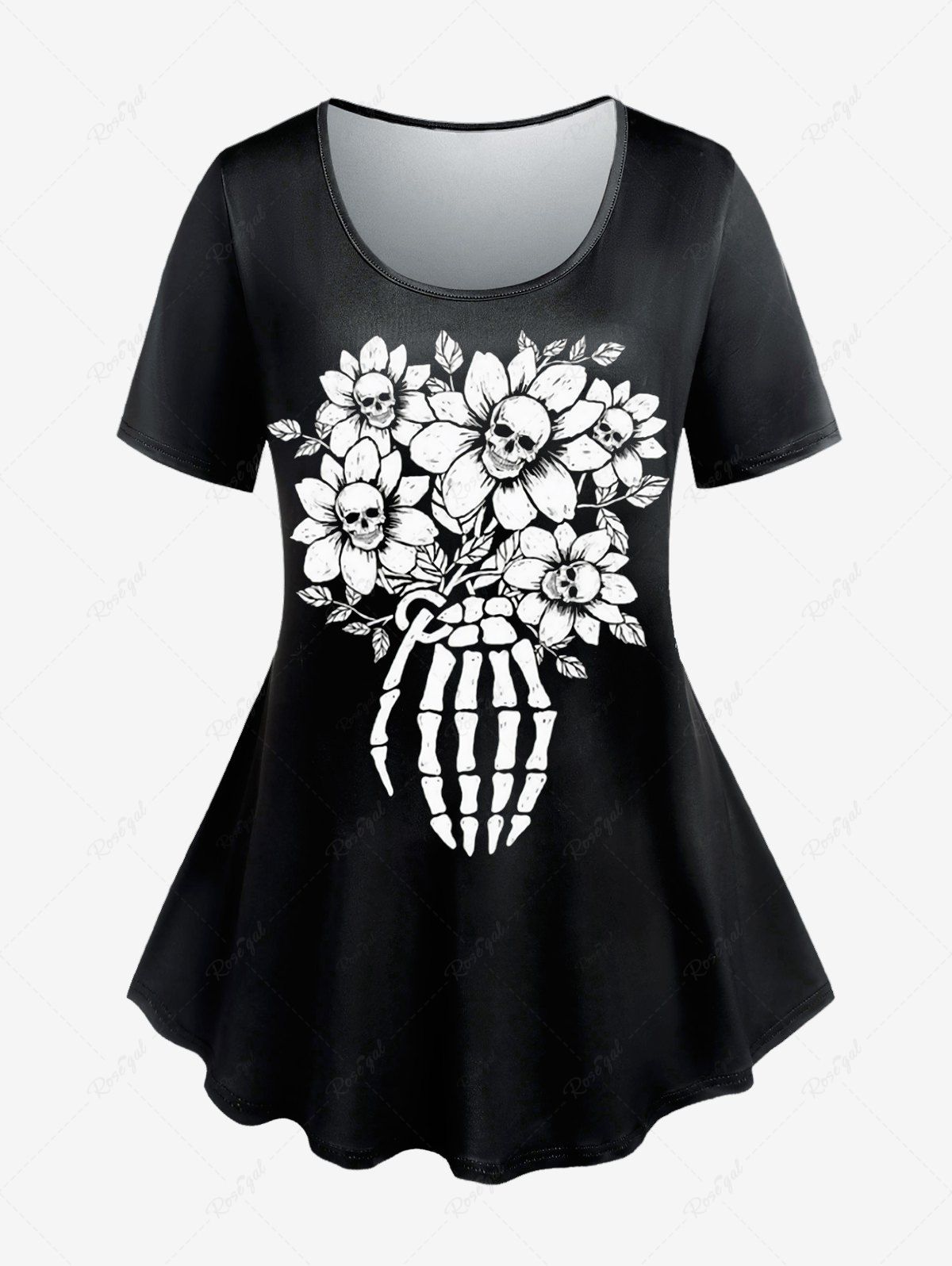 Fashion Gothic Sunflower Skulls Skeleton Printed Short Sleeves Tee  