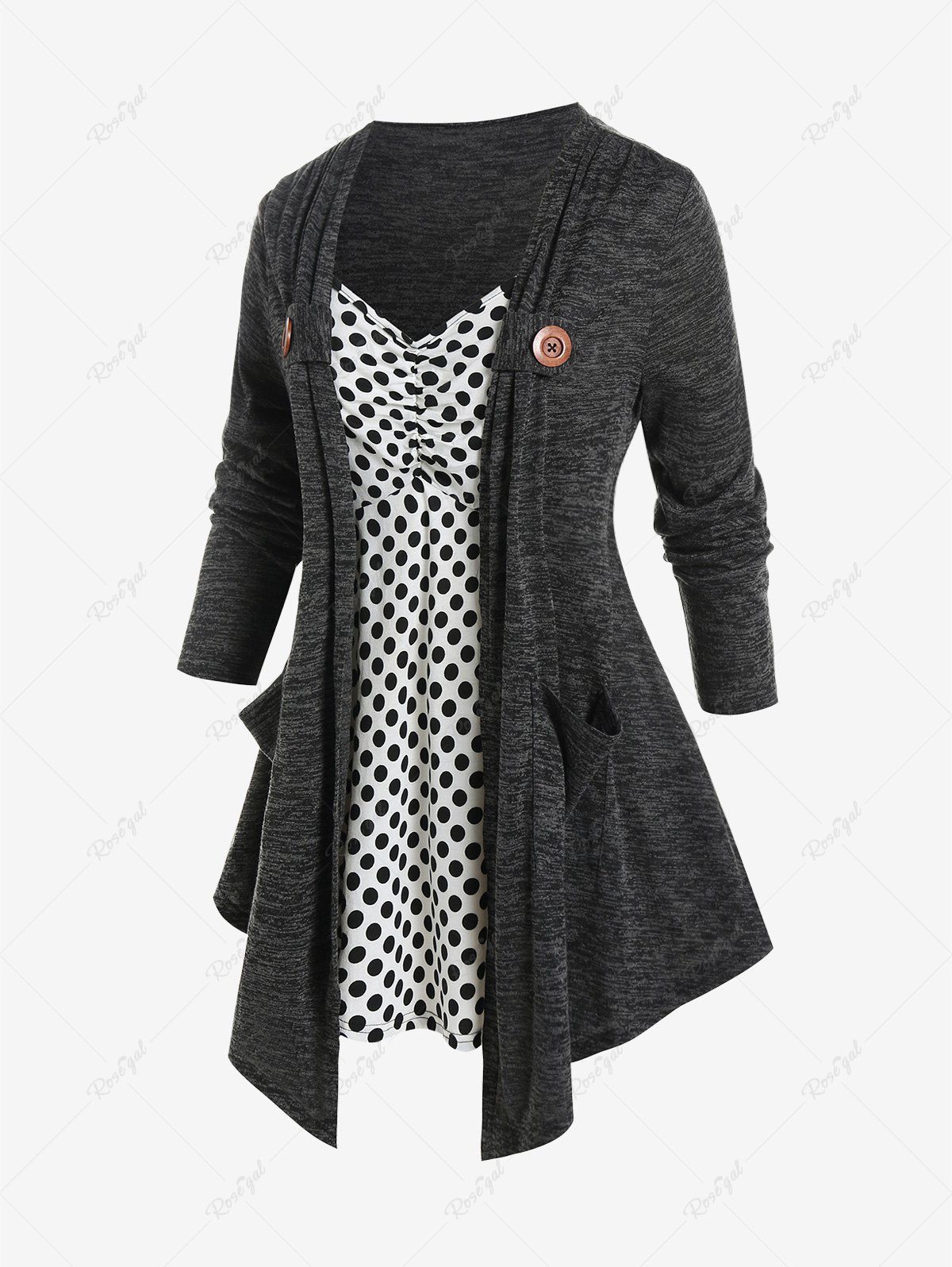 Store Plus Size Polka Dot Ruched Long Sleeves 2 in 1 T Shirt  