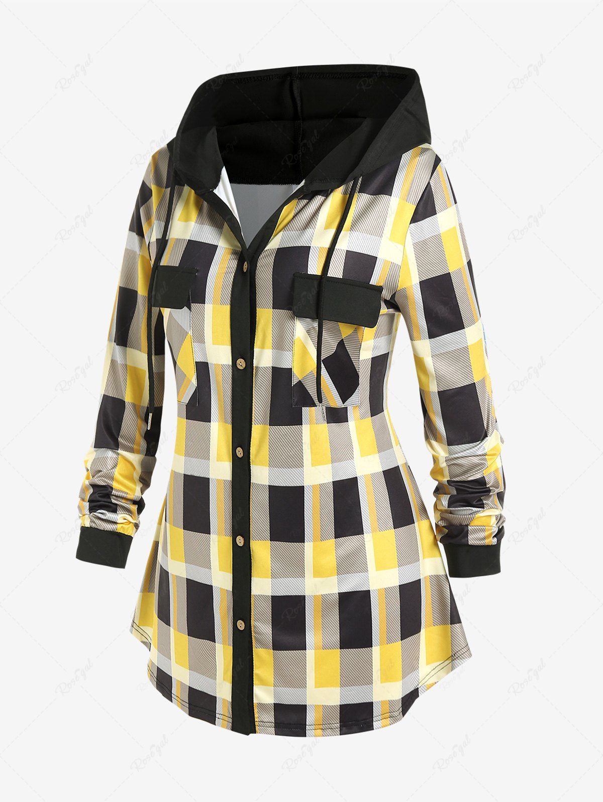 Chic Plus Size Double Pockets Plaid Hooded Shirt  