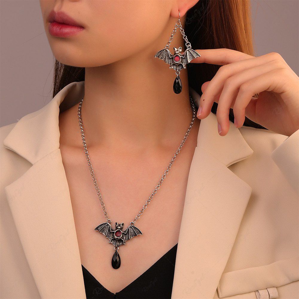 Best Halloween Gothic Bat Drop Earrings and Pendant Necklace Set  