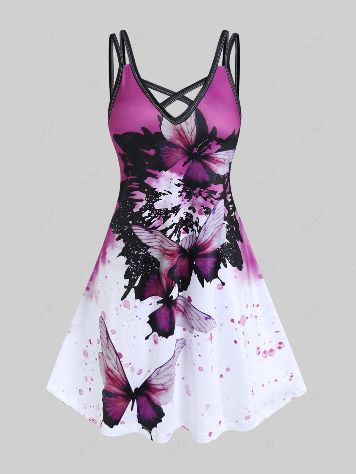 Best Plus Size Butterfly Colorblock Crisscross Sleeveless A Line Dress  