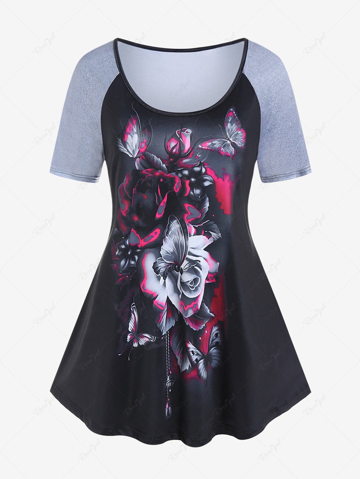 T-shirt Gothique à Imprimé Rose Papillon à Manches Raglan Noir 