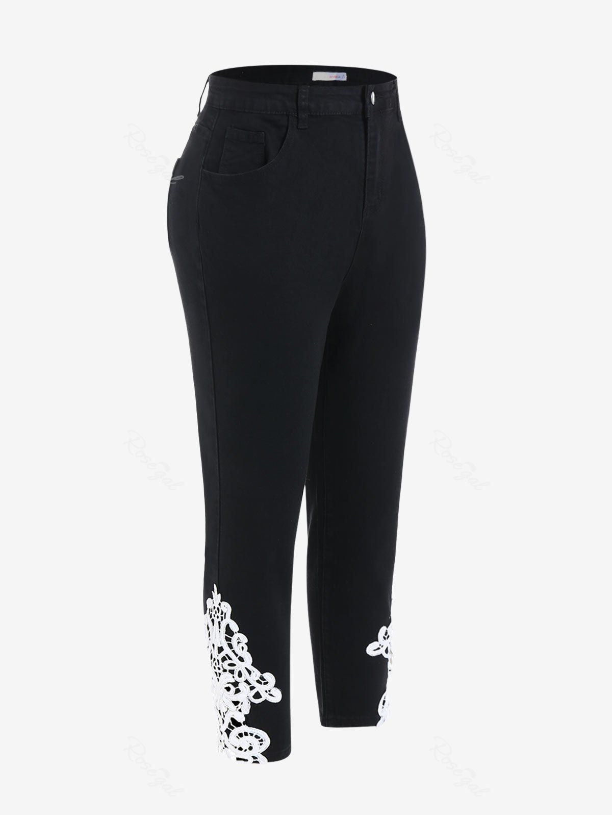 Cheap Plus Size Guipure Insert High Waisted Jeans  