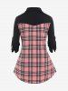 Plus Size Colorblock Plaid Roll Up Sleeves Shirt -  