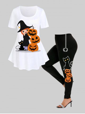 Halloween Pumpkins Cat Witches Printed Tee and Pumpkin Cat Spiders Print Leggings Plus Size Outfit