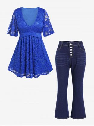 Plunge Lace Blouse and Button Fly Bell Bottom Jeans Plus Size Outfit