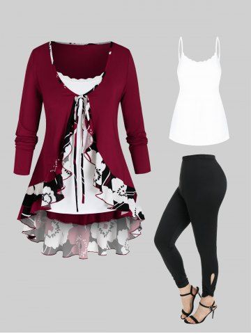 Flower Flounce Tunic Tie Blouse and Slim Cami Top Set and High Rise Cutout Twist Leggings Plus Size Outfit