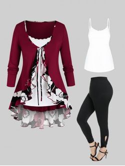 Flower Flounce Tunic Tie Blouse and Slim Cami Top Set and High Rise Cutout Twist Leggings Plus Size Outfit - DEEP RED