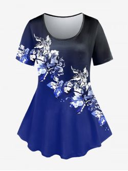 Plus Size Colorblock Floral Print Tee - BLUE - 5X | US 30-32