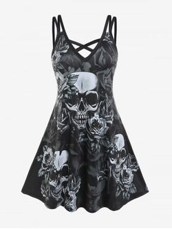 Halloween Gothic Crisscross Skull Rose Print Dress - BLACK - 3X | US 22-24