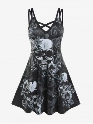 Halloween Gothic Crisscross Skull Rose Print Dress