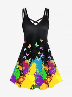 Plus Size Butterfly Paint Splatter Printed Sleeveless A Line Dress - BLACK - 5X | US 30-32