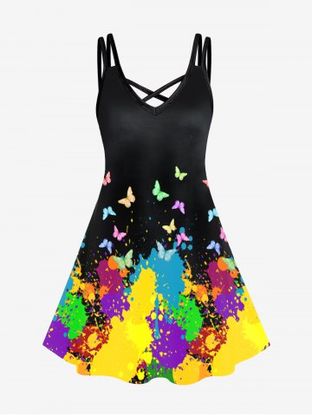 Plus Size Butterfly Paint Splatter Printed Sleeveless A Line Dress