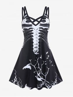Halloween Costume Crisscross Skeleton Print Dress - BLACK - L | US 12