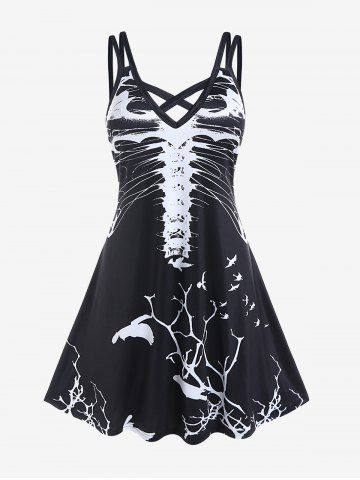 Halloween Costume Crisscross Skeleton Print Dress - BLACK - 2X | US 18-20