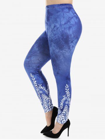 Plus Size Tie Dye Leaf Print Skinny Leggings - DEEP BLUE - 5X | US 30-32