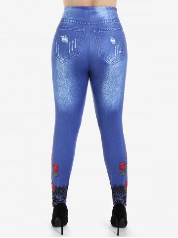 Plus Size High Waist Rose Print 3D Denim Skinny Jeggings