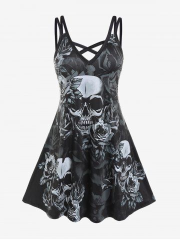 Gothic Crisscross Skull Rose Print Dress - BLACK - 5X | US 30-32