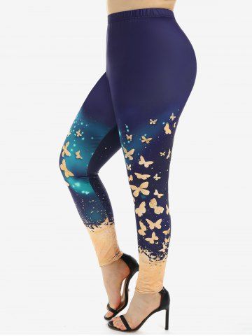 Plus Size High Waist Butterfly Print Skinny Leggings - DEEP YELLOW - 2X | US 18-20