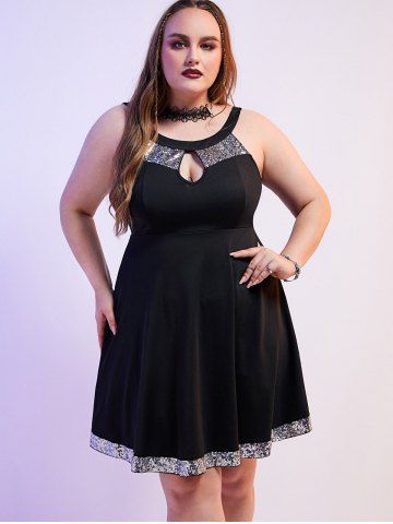 Plus Size & Curve Sequins Keyhole High Waisted Party Dress - BLACK - L | US 12