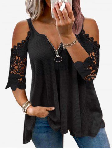 Plus Size Lace Panel Half Zipper Cold Shoulder Blouse