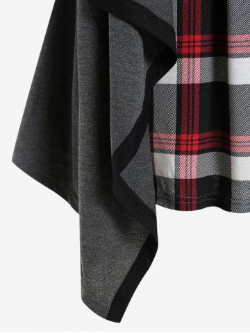 Plus Size Plaid Crisscross Asymmetric Long Sleeves Twofer Tee