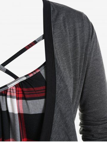 Plus Size Plaid Crisscross Asymmetric Long Sleeves Twofer Tee