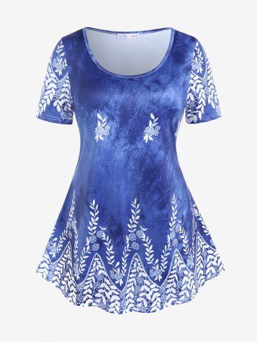 Plus Size Short Sleeve Tie Dye Leaf Print Tee - DEEP BLUE - 5X | US 30-32