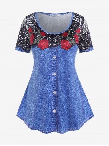 Plus Size Short Sleeve Rose 3D Denim Lace Print Tee - BLUE - 4X | US 26-28