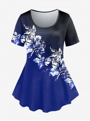 Plus Size Colorblock Floral Print Tee - BLUE - 3X | US 22-24