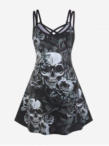 Gothic Crisscross Skull Rose Print Dress