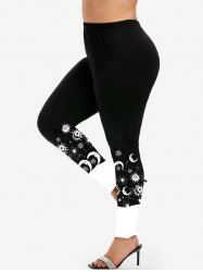 Plus Size High Waist Sun Moon Print Colorblock Skinny Leggings -  
