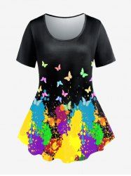 T-shirt Peinture Eclaboussée Motif de Papillon de Grande Taille à Manches Courtes - Noir 5x | US 30-32