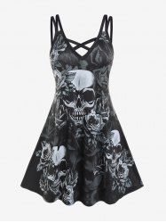 Gothic Crisscross Skull Rose Print Dress -  