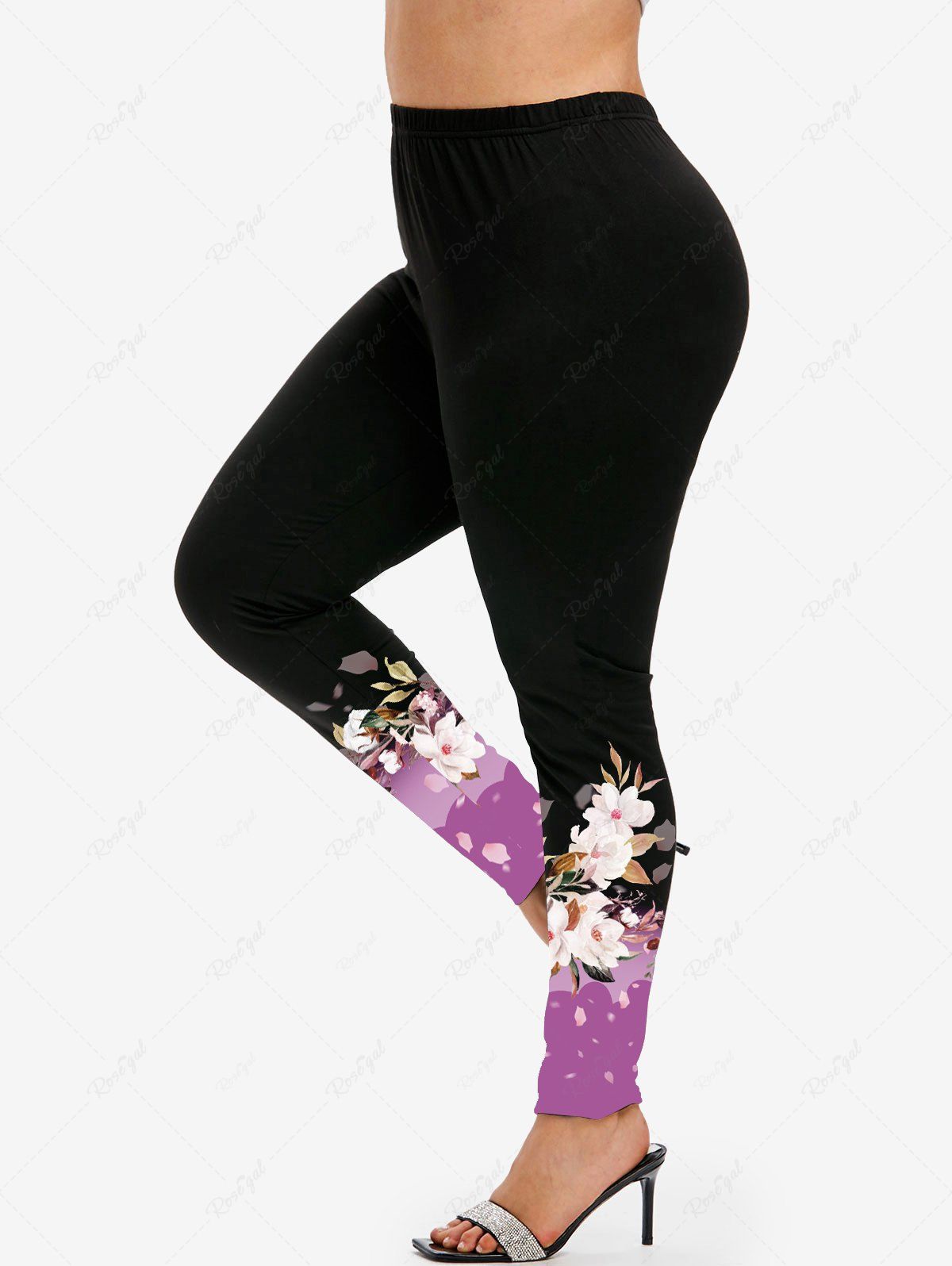 Legging Moulant à Imprimé Fleuri à Taille Haute de Grande Taille Violet clair 5x | US 30-32