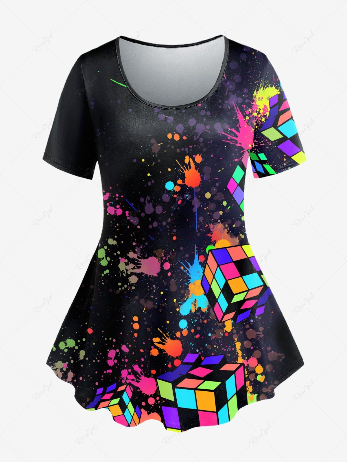 Affordable Plus Size Paint Splatter Magic Cube Printed Short Sleeves Tee  