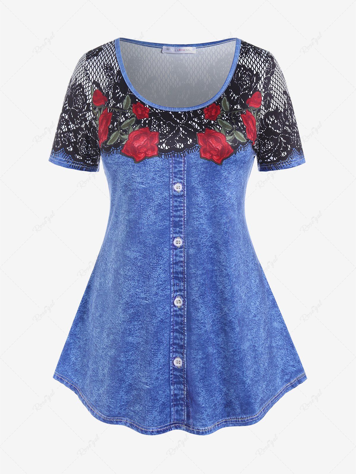 Outfit Plus Size Short Sleeve Rose 3D Denim Lace Print Tee  