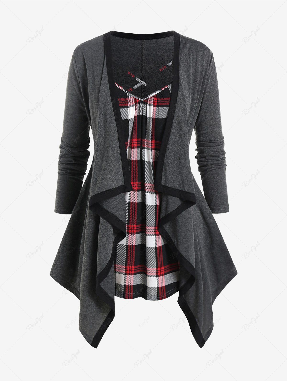 Outfits Plus Size Plaid Crisscross Asymmetric Long Sleeves Twofer Tee  