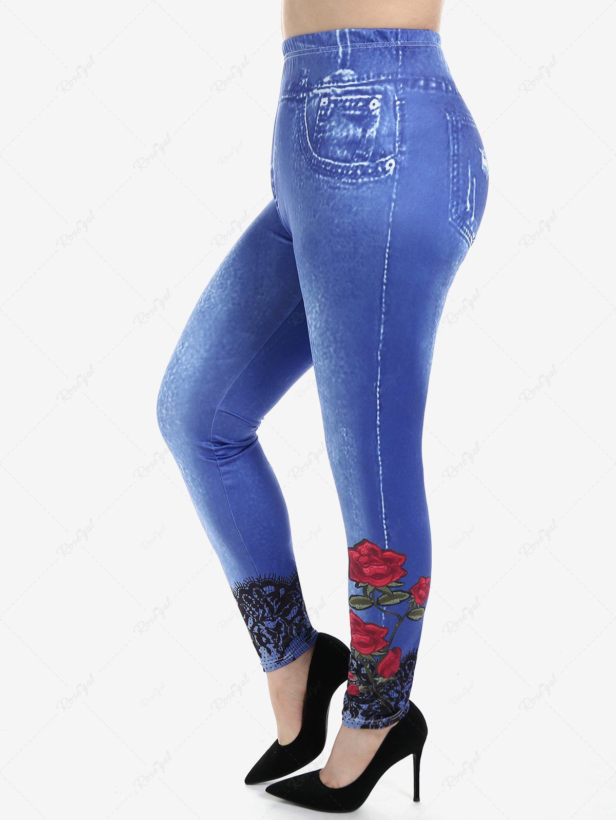 Legging Moulant à Imprimé 3D Rose à Taille Haute de Grande Taille en Denim Bleu 