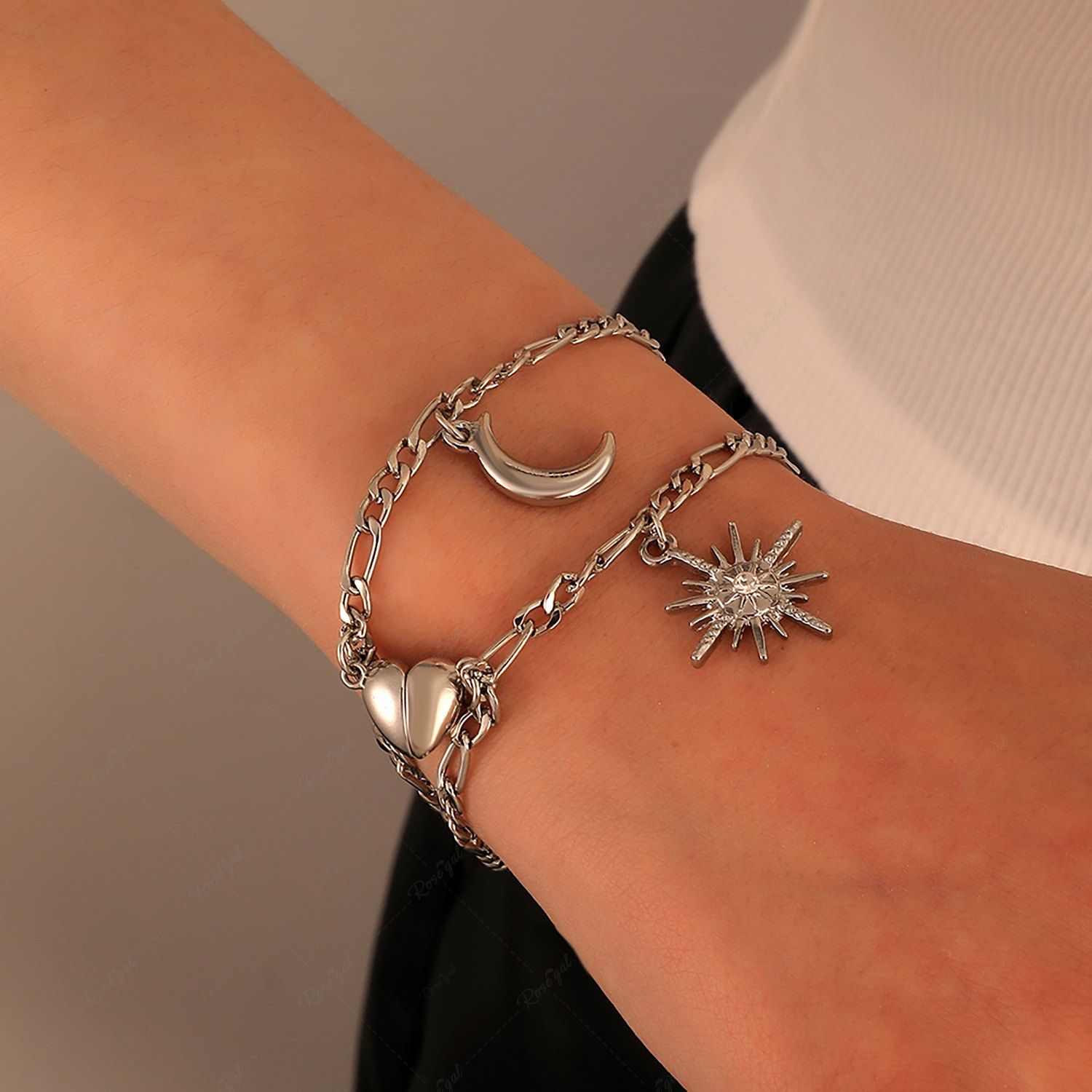 Bracelets Chaîne Cœur Lune et Soleil 2 Pièces Argent 