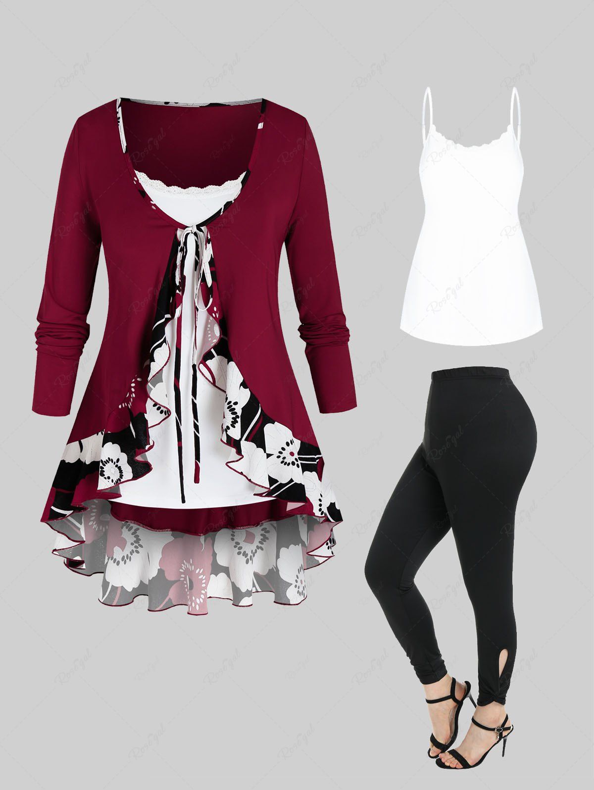 Outfits Flower Flounce Tunic Tie Blouse and Slim Cami Top Set and High Rise Cutout Twist Leggings Plus Size Outfit  