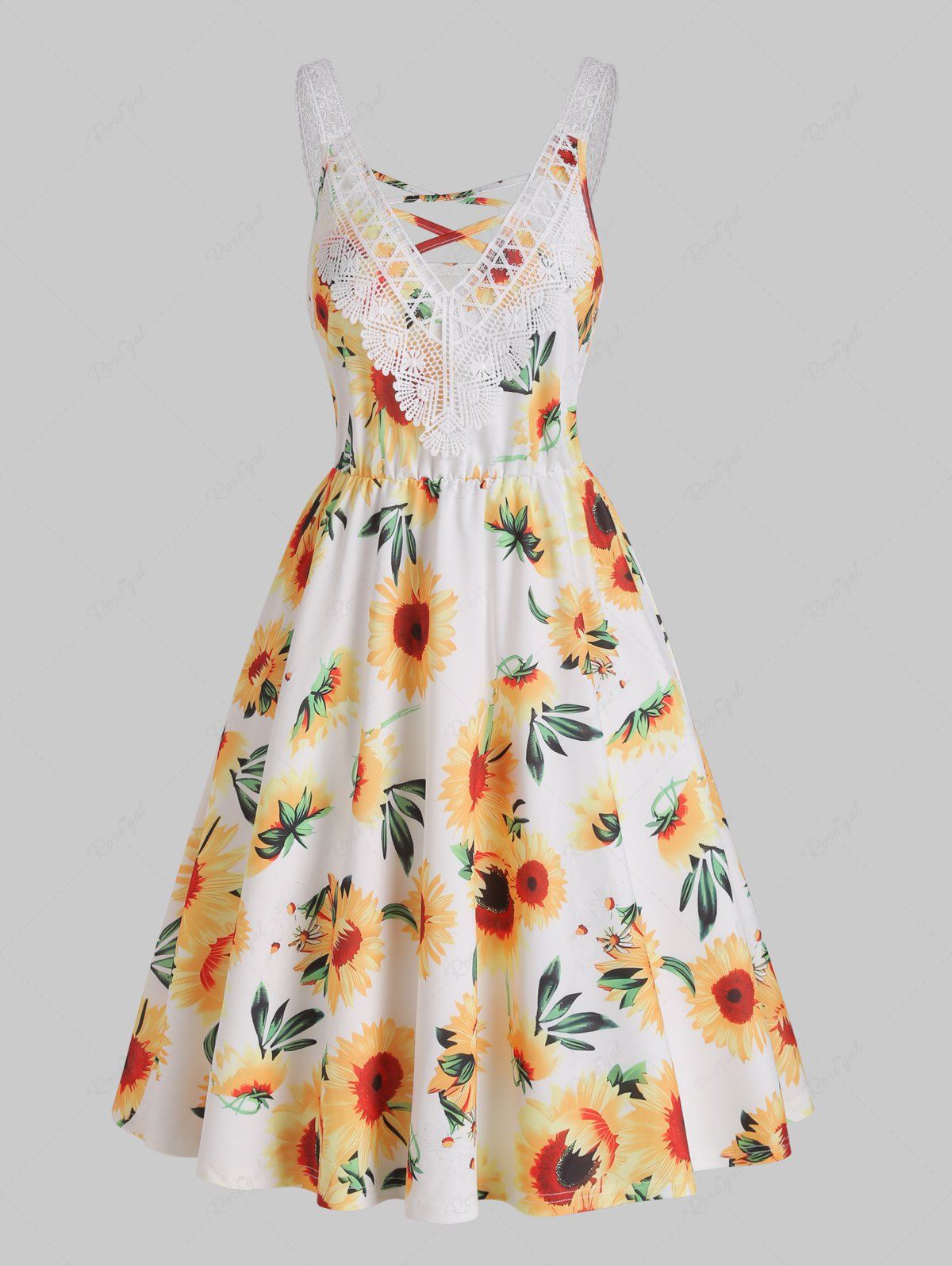Fashion Sunflower Print Hollow Out Lace Insert Crisscross High Waisted A Line Mini Dress  